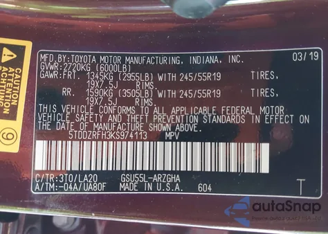 2019 Toyota Highlander Limited z USA, uszkodzony, nr VIN 5TDDZRFH3KS974113